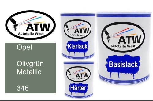 Opel, Olivgrün Metallic, 346: 1L Lackdose + 1L Klarlack + 500ml Härter - Set, von ATW Autoteile West.